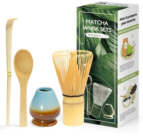 4 Pezzi Kit Cerimonia Matcha Giapponese, Frusta Matcha in Bambù Naturale, Cucchiaio di Bambù, Paletta di Bambù, Porta Frusta, Set Matcha per la Cerimonia Del tè, il Drink - Blu caffè sfumato