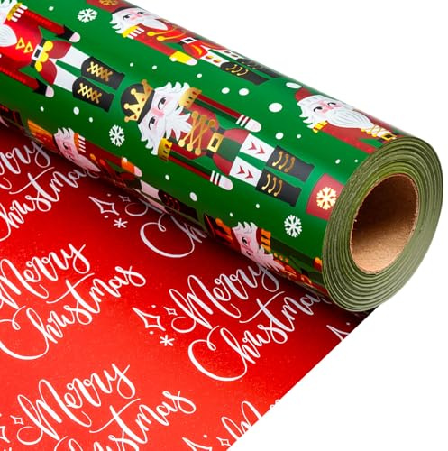 MAYPLUSS Christmas Nutcracker Wrapping Paper, Reversible Christmas Gift Wrapping Paper, Funky Cute Green Nutcracker Print Thick Gift Wrap Metallic Foil Paper for Holiday (Mini Roll, 17 Inch X 33 Feet)