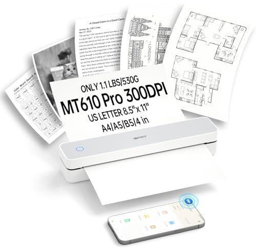 iDPRT Mini imprimante thermique portable, 300 dpi, format A4, Bluetooth, pour les déplacements, la maison, les études, sans fil pour un usage domestique, compatible avec iOS, Android et PC, blanche