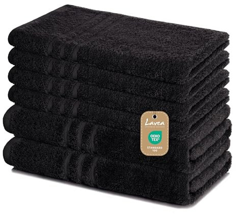 Lavea 6-teiliges Handtuchset aus 100% Baumwolle – Schwarz, 4 Handtücher 50x100 cm & 2 Duschtücher 70x140 cm – Weich, saugstark & Oeko-TEX Zertifiziert – Flauschiges Badehandtuch Set für Bad & Gäste