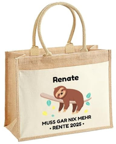 LIEBTASTISCH - Nachhaltige Jutetasche - Personalisiert Rente 2025 - Muss gar nix - Faultier - Tasche - zum Renteneintritt - Geschenk verpackung - Pension - Mann - Frau - Lustig (M (30x30x19cm))