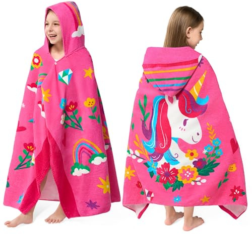 Joiedomi Blumen-Einhorn Badeponcho Kinder Strandtuch 127 x 77 cm Bade-Poncho-Kinder - Weiches Baumwoll-Badetuch für Kinder von 3-10 Jahren - saugfähiges Handtuch