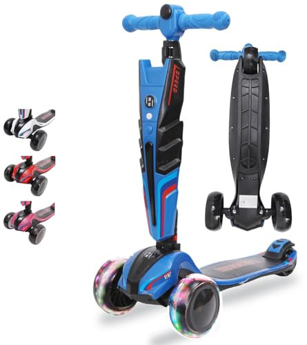 Kinderroller LED Leuchträder, 3 Rad Tretroller - Klappbar, Höhenverstellbar, Mädchen & Jungen, Scooter 3-12 Jahre, bis 50kg - Blau