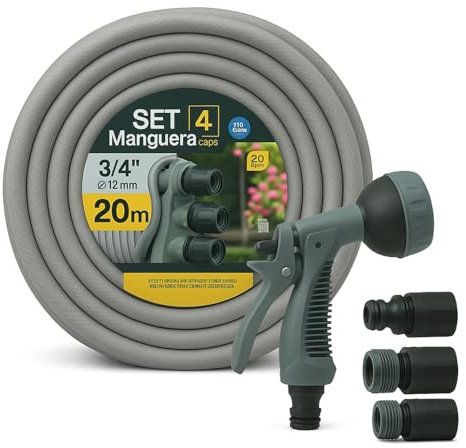 TECHZOCO Manguera de jardín, Manguera de agua riego, Fabricada en tela cruzada de poliéster, presión de rotura 20 bar, 4 Capas, Diámetro 3/4 (19 mm), Negra, Incluya Pistola, Longitud de 20 Metros