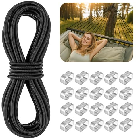HGRGHH Pulpo Pulpos Elasticos Negro, Cuerda Elastica 6mm x 10m con 20 M9 Virolas de Alumini, Tensores Elasticos para Remolques, Toldos, Lonas, Costura, Camping, Manualidades de Bricolaje