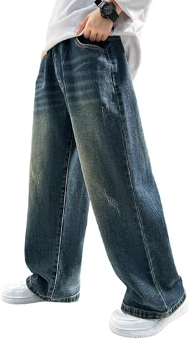 Rolanko Boys Baggy Jeans Elasticated Waist Cargo Bootleg Skater Jeans with Multipockets Vintage Streetwear Denim Pants for Kids, Solid Denim Blue, 160, 11-12 Years