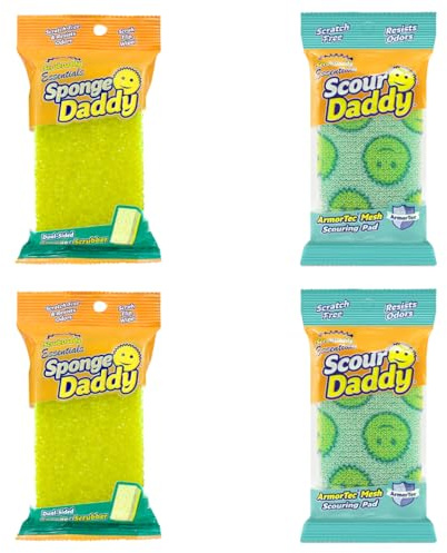 Scrub Daddy Sponge Daddy & Scour Daddy Essentials Multipack | Kitchen Sponges for Cleaning, Non Scratch Scourers Sponge with FlexTexture, Dish Sponges for Washing up