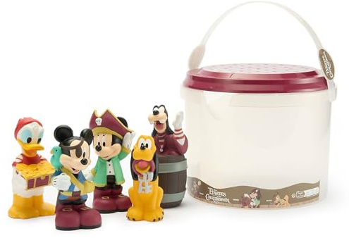 Disney Store Official, Lot de 5 Figurines et 1 Seau Mickey et Ses Amis | Comprend Mickey et ses amis pirates, plus un seau à couvercle perforé pour les jeux d'eau, dès 6 mois