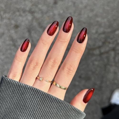 Ombre Red False Nails - 24PCS Almond Press on Nails - Black Wine Red Fake nails with Glue - Medium Stick on Nails - Glue on nails for Women - Long Lasting Full Cover Acrylic Nail Tips in 12 Sizes