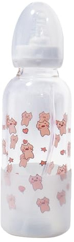 CutiePlusU Biberon per adulti in vetro con tappo protettivo, stampa carina, alimentazione senza BPA, tettarella in silicone da 400ml in set con bicchiere con cannuccia Straw-Flying Piggy
