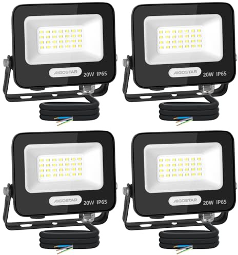 Aigostar LED Strahler Außen Innen 20W 1650LM 6500K Kaltweiss IP65, 4 PCS | Scheinwerfer IP65 Wasserdicht LED Außenstrahler für Hell Garten Garage Sportplatz Hof Fluter