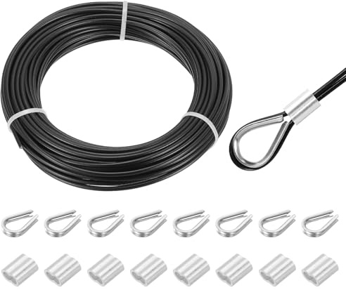 QUARKZMAN 8 Pezzi Cavo In Acciaio Inossidabile 304 66ft Con Girella Nero | 4mm Rivestito In Vinile, 20m, Per Ringhiere Pavimentazioni Appendere Stendibiancheria, Ghise In Alluminio