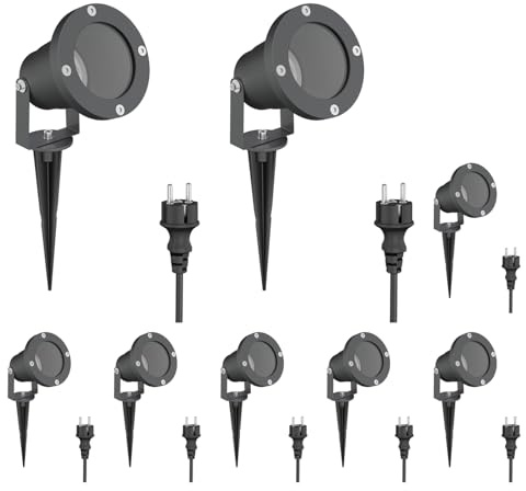 ledscom.de 8x Gartenstrahler DUK anthrazit mit Erdspieß für außen, IP65, 1x GU10 max.15W