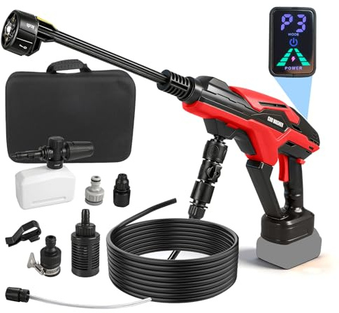 Nettoyeur haute pression sans fil 990 PSI - Pistolet à eau mobile haute pression - Compatible avec batterie Milwaukee 18 V avec moteur sans balais - Buse 6 en 1 - 3 niveaux de réglage - Écran LED pour