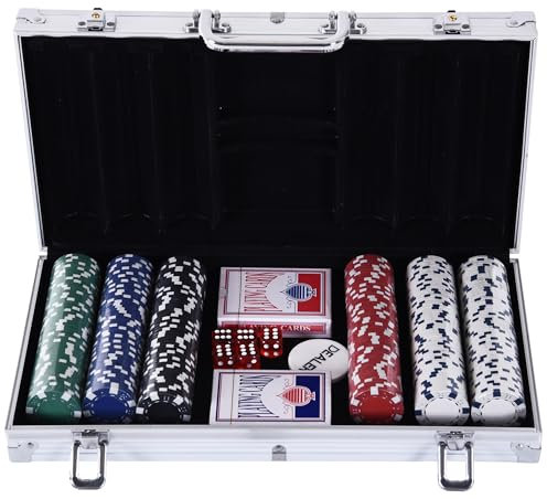 HOMCOM Maletín de Poker Profesional de Aluminio con 300 Fichas Juego Set de Poker Casino con 5 Dados 2 Barajas de Cartas y 1 Ficha de Crupier 38x20,5x6,5 cm Multicolor