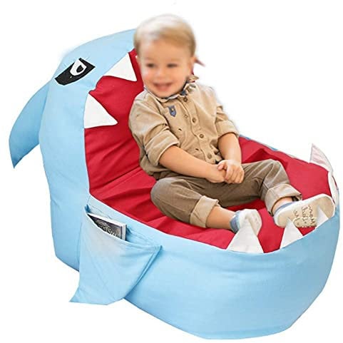 Sitzsack für Stofftiere, Speicherorganisator im Shark Design, 80x80x50 cm, XL Pouf, Sitzgelegenheit für Wohnzimmer oder Kinderzimmer, blau