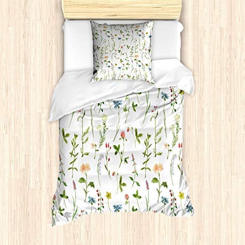 ABAKUHAUS Blumen Bettbezug Set für Einzelbetten, Herb Flowers Aquarelle, Milbensicher Allergiker geeignet mit Kissenbezug, Weiß Grün