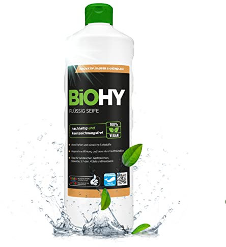BiOHY Flüssig Seife (1l Flasche) | Hautschonende, rückfettende & flüssige Handseife | PHOSPHATFREI | geruchsneutrale Hygiene | auch für das Gesicht geeignet | ohne Parfüm & Farbstoffe