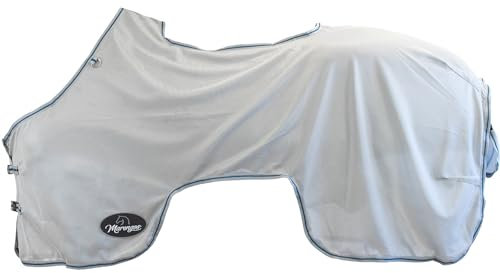 Marengos - Fliegenausreitdecke Protect | Pferdedecke mit Sattelausschnitt | feinmaschige Fliegendecke schützt vor Insekten | mit abnehmbarem Schweiflatz | Outdoor-Pferdedecke in Silbergrau | 155 cm