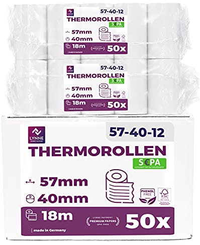 Ec-Cash Thermorollen 57mm x 18m x 12mm | Kassenrollen | Thermopapier | Bonrollen für Bankomat | Kredit-Kartenlesegeräte (57x40x12) mit SEPA-Lastschrifttext (50 Rollen)