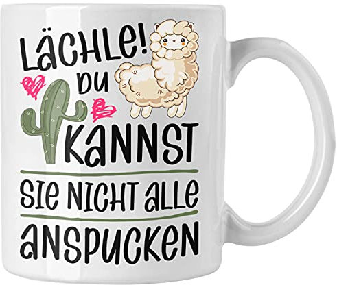 Trendation Lächle Du Kannst Sie Nicht Alle Anspucken Tasse Llama Lama Alpaka Kaffeetasse mit Spruch Lustige Tasse (Weiß)