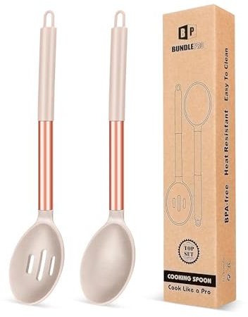 Paquete de 2 Cucharón de Silicona, Cucharas Grandes Solidas, Utensilios de Cocina para Mezclar, Cocinar, Servir y Freir Comida, Verduras, Salad(Oro rosa-Caqui)