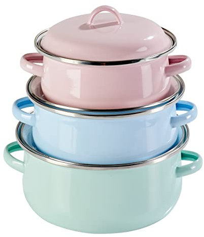 genialo Emailletopf-Set Pastell, 3 Stück, 6-teilig, Kochgeschirr Kochtopf stapelbar, Topf mit Deckel für alle Herdarten, Set: 950 ml, 1 l, 2 l