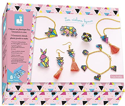 Janod - Bastelset mit 7 Schmuckstücken aus Schrumpffolie Geometrix - Les Ateliers Bijoux - Kreative Beschäftigung für Kinder - Geschicklichkeit + Konzentration - Ab 8 Jahren, J07996
