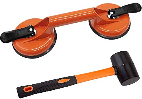 Bodenlückenfixierwerkzeug für Laminatbodenlücken-Reparatur, inklusive Saugnapf und Hammer (kann nicht auf geschabten Oberflächen verwendet werden), orangefarbenes Set