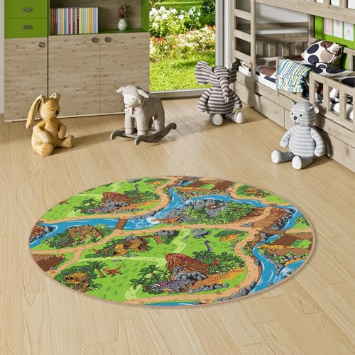 Snapstyle Kinderteppich Strassenteppich Spiel Teppich Dino Welt Grün Rund in 7 Größen