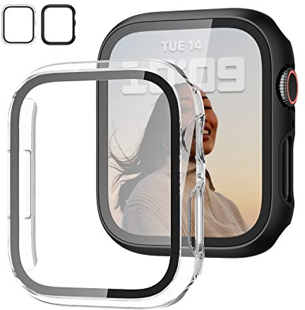 JZK - Juego de 2 fundas con protector de pantalla de vidrio templado para Apple Watch SE (2023) Series 6/5/4/SE de 1.575 pulgadas, cobertura completa, carcasa protectora de policarbonato duro HD,