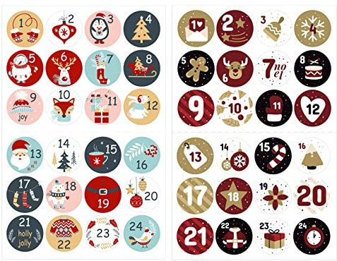Adventskalender Zahlen Aufkleber (1-24) Set, 2 x 24 Weihnachten Adventskalender Zahlen Aufkleber Sticker Selbstklebend für Adventskalender Selber Basteln Adventskalender Geschenk Dekoration