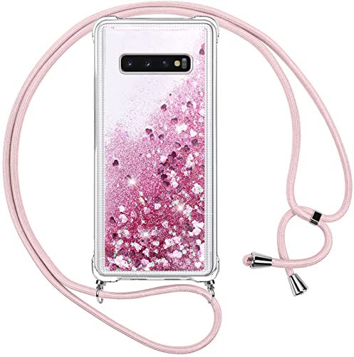 Vauki Handykette für Samsung Galaxy S10 Plus Hülle mit Band,Silikon Durchsichtig Transparent Flüssig Glitzer mit Kette Kordel Bumper Treibsand Necklace TPU Schutzhülle Case für Samsung S10 Plus,Rosa