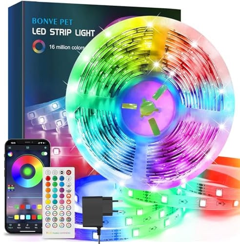 Bonve Pet LED Strip 5M,Bluetooth RGB LED Streifen,Farbwechsel LED Lichterkette 5M mit Fernbedienung und App,Led Leiste Musik Sync,Timer-Einstellung,LED Band für Gaming Zimmer, Room, Küche,Party