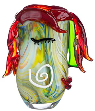GILDE GLAS art Deko Vase - Gesichtsvase aus Glas - Kunstobjekt, Blumenvase Glasvase - Farbe: Rot/Grün Höhe 29,5 cm
