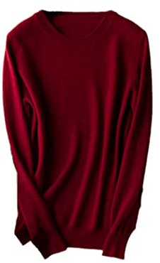 Suéter de punto de lana de cachemira para mujer, cuello redondo, suéter básico cálido, granate, XL