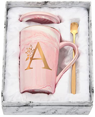 Joymaking Taza personalizada con letras taza de café con motivo de flores, nombre inicial regalos personales taza de café para mujeres novia, A - 400 ml rosa