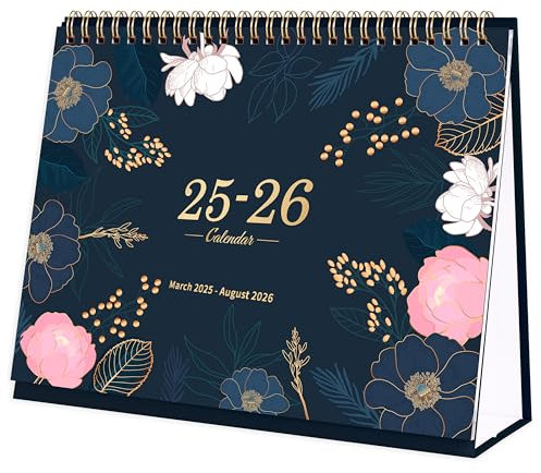 Tischkalender 2025 2026 – Kalender 2025/2026 UK von März 2025 bis August 2026, monatliche Notizseiten, 25,4 x 21,1 cm, stehender Schreibtischkalender mit starker Doppeldrahtbindung