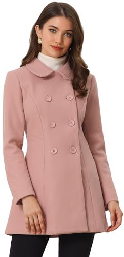 Allegra K Women's Peter Pan Collar Double Breasted Winter Long Trench Pea Coat Dusty Pink XL