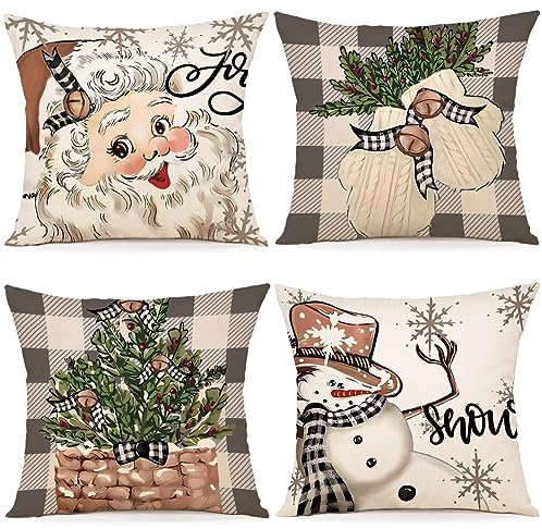 ZWJD Kissenbezug Weihnachten 40x40 4er Set Kissenbezüge Dekokissen Leinen Kissenhüllen für Deko Weihnachten Sofa Schlafzimmer Couch Kissenbezug 40x40 cm