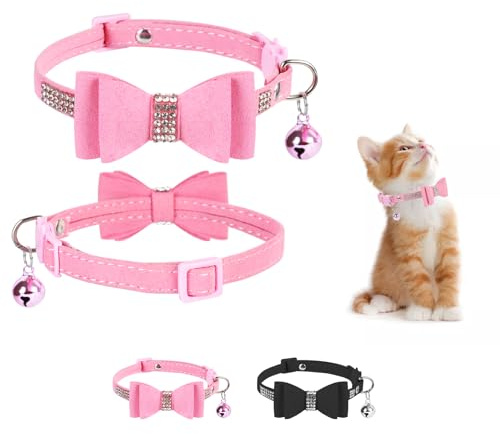 NiCoLa Collier rose pour chat avec clochette et nœud papillon, collier pour chat à paillettes et strass, collier souple à dégagement rapide pour chaton fille (rose)