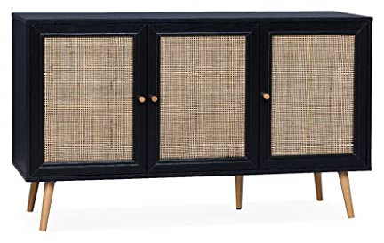 Alice's Home Sideboard aus Rohrgeflecht, schwarz 120x39x70cm - Bohème - 2 Ebenen, 3 Türen, skandinavischer Stil