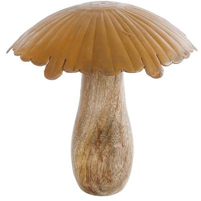 MACOSA VM010374 Dekofigur Pilz Mangoholz Metall 17 cm Beige Rost Holzpilz Skulptur Dekopilz Holz Pilzfigur Herbstdeko Pilz-Statue Herbst Deko Holzdeko