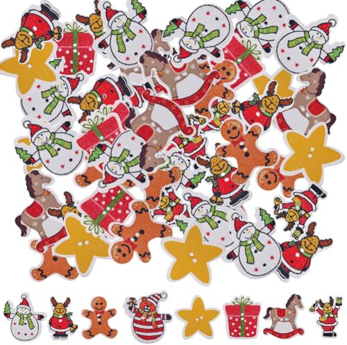 GORGECRAFT 100Stk 8 Stile Weihnachts-Holzknöpfe Weihnachts-Bastelknopf Weihnachtsmann Schneemann Stern Geschenk Zufälliger Wodden-Lebkuchenmann Pferdeknopf Gestrickt Für DIY-Kunst Nähen Bastelprojekt