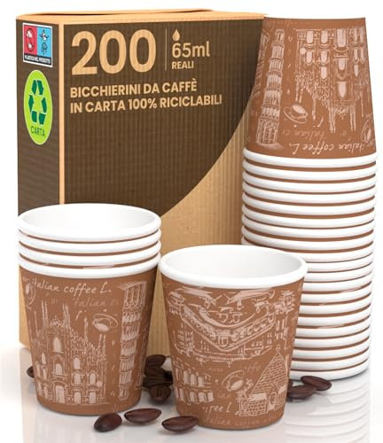 200 Bicchierini in Carta da caffè 65ml Italy Brown Bicchieri Ecologici Biodegradabili Monouso Piccoli Asporto Bevande Calde