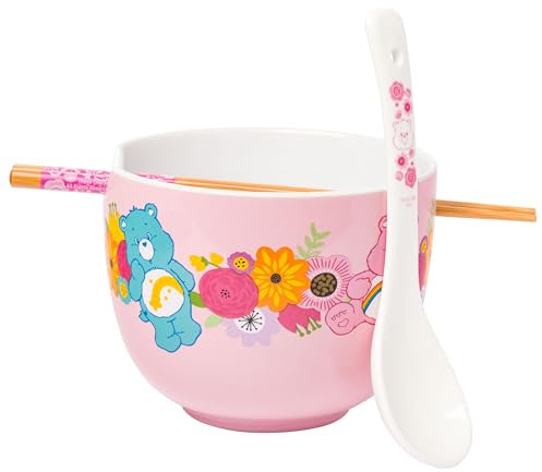 Silver Buffalo Care Bears Frühlingsblumen-Reisschale aus Keramik mit Essstäbchen, mikrowellengeeignet, 590 ml