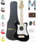 Ulumac Sopran-Ukulele, stilvolle Form mit weißem Schlagbrett, Fichte, 54,6 cm, Ukulele, Anfänger-Kit mit Gigbag, digitalem Stimmgerät, Saiten ersetzen, 3 Gitarrenplektren, Gurt, Stoff, Schwarz,