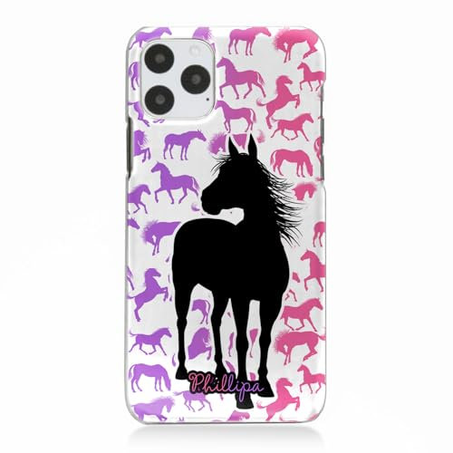 Personalised Phone Case For Apple iPhones, 16, 15, 14,13, 12, 11, Pro Max, Mini, XR, SE Custom Plastic Hard Phone Cover, Pink Purple Horse Phone Case with Name, Initial Phone Case