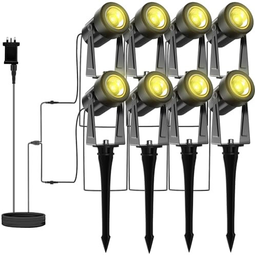 LONIUTO Garden Soptlights Mains Powered, 3000K Warm White Spotlights Mains Powered, 27M 27V Low Voltage Mains Garden Spike Lights Waterproof IP65 for Patio,Path,Wall,Tree (8 Pack*3W)
