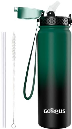 GOPPUS Botella Agua Acero Inoxidable 1L/32oz con Pajita Botellas Aisladas Doble pared Termo Reutilizable al vacío a Prueba Fugas Metal Botella Deportiva Gimnasio Fría para Hombres y Mujeres